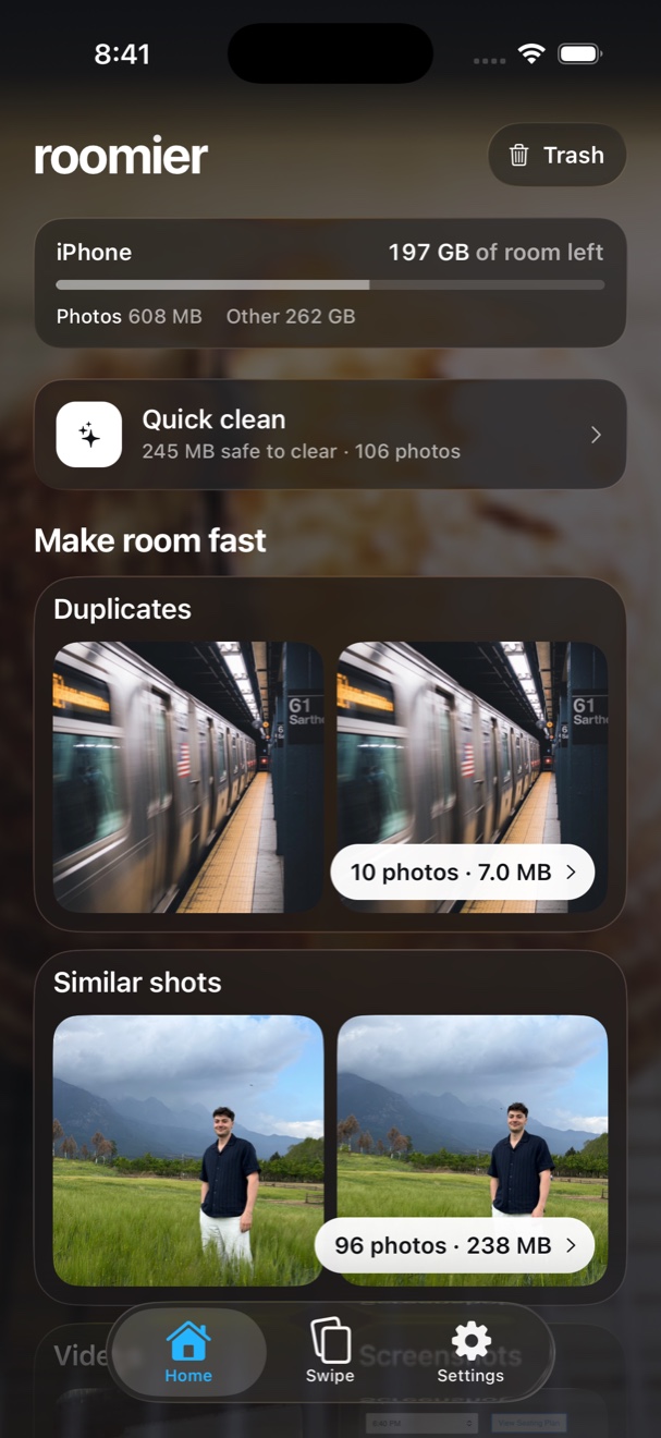 Roomier's home screen: iPhone storage bar, Quick clean showing 246 MB safe to clear, and the Make room fast list of duplicates, similar shots, screenshots, blurry photos and videos