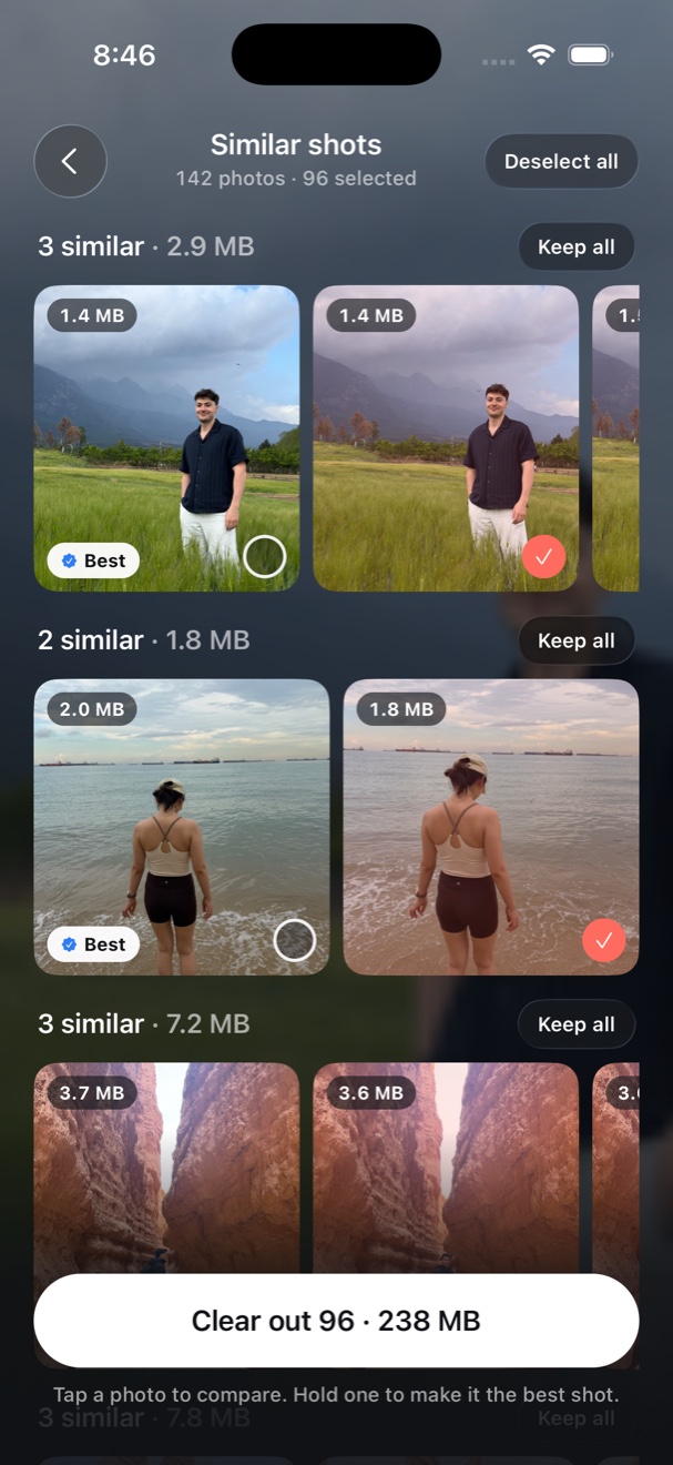 Similar shots review with the best photo marked and the rest selected